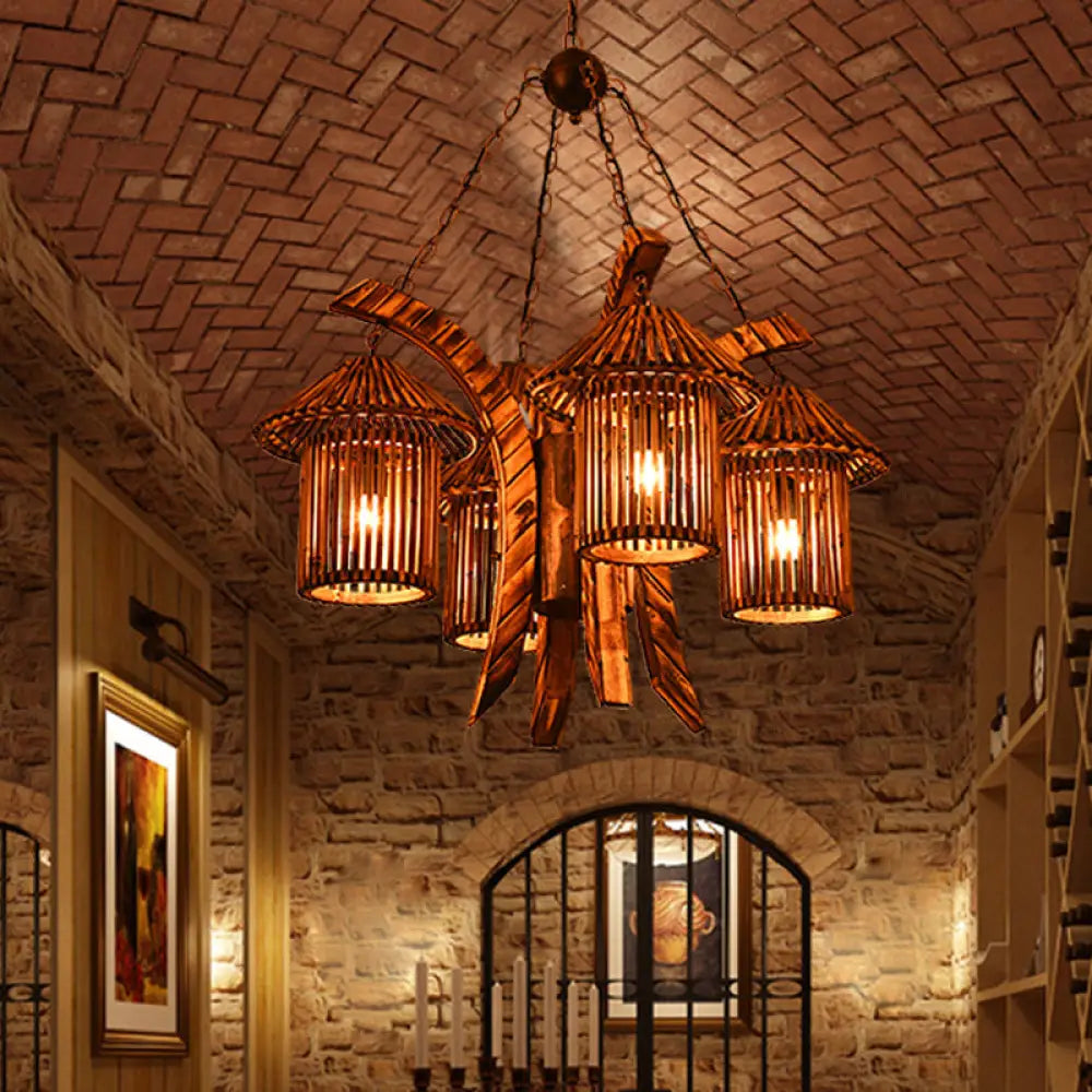 Bianca - Rustic Chandelier Light: 4-Lights Wood Lantern Pendant For Dining Room Brown