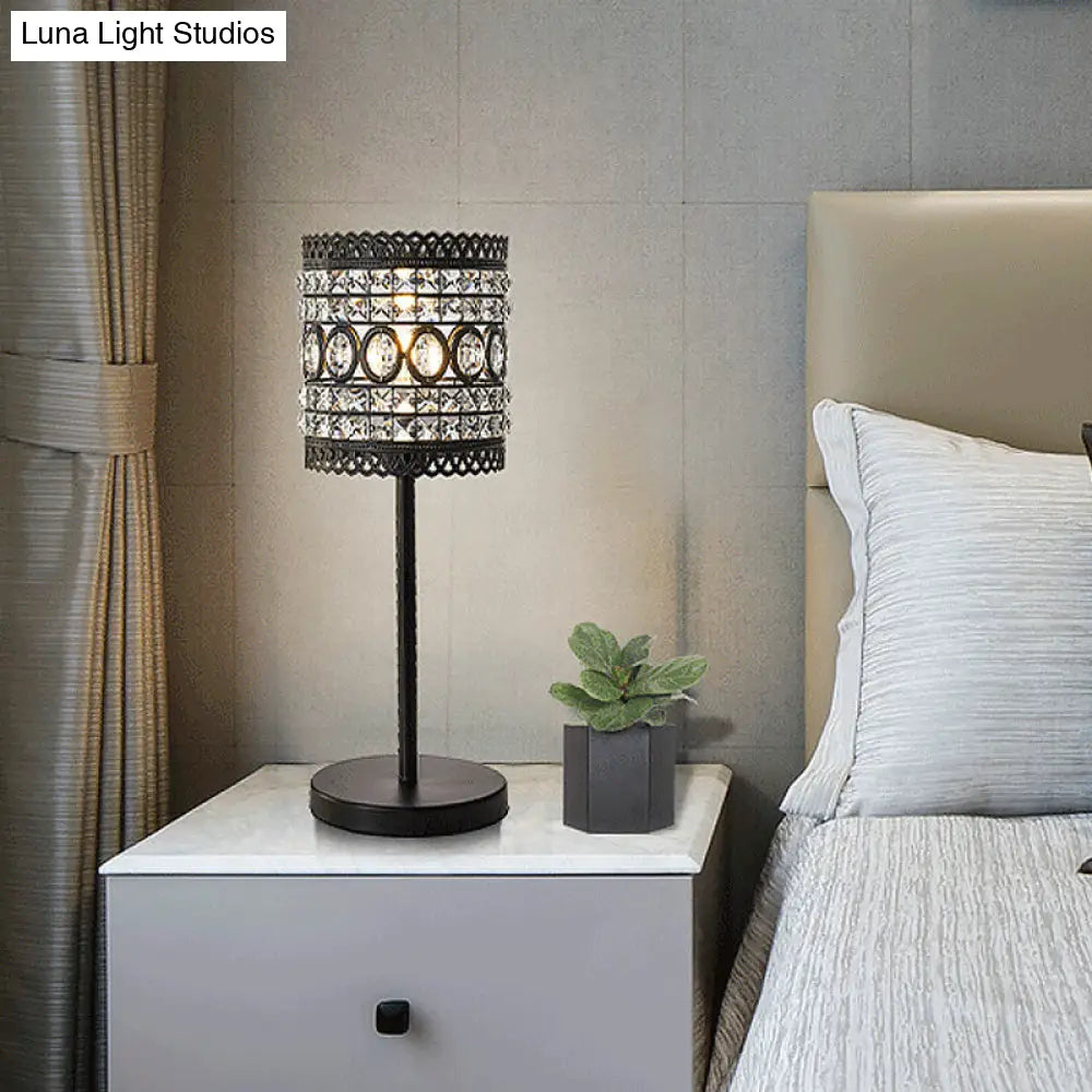 Modern Metallic Cylinder 1-Head Bedside Lamp With Crystal Accent - Black Nightstand Light