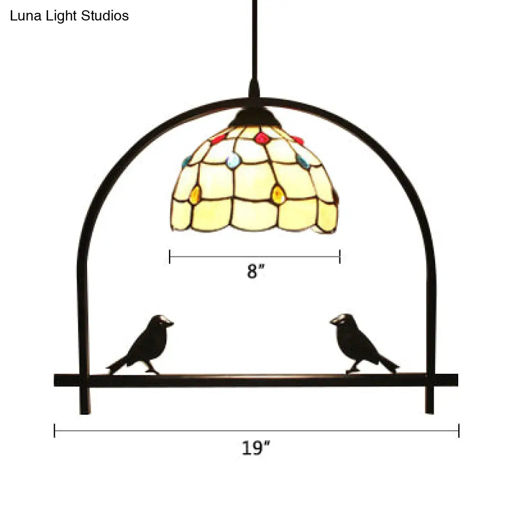 Bird And Jewelry Glass Domed Pendant Lamp: Tiffany Hanging Light For Kitchen In Beige