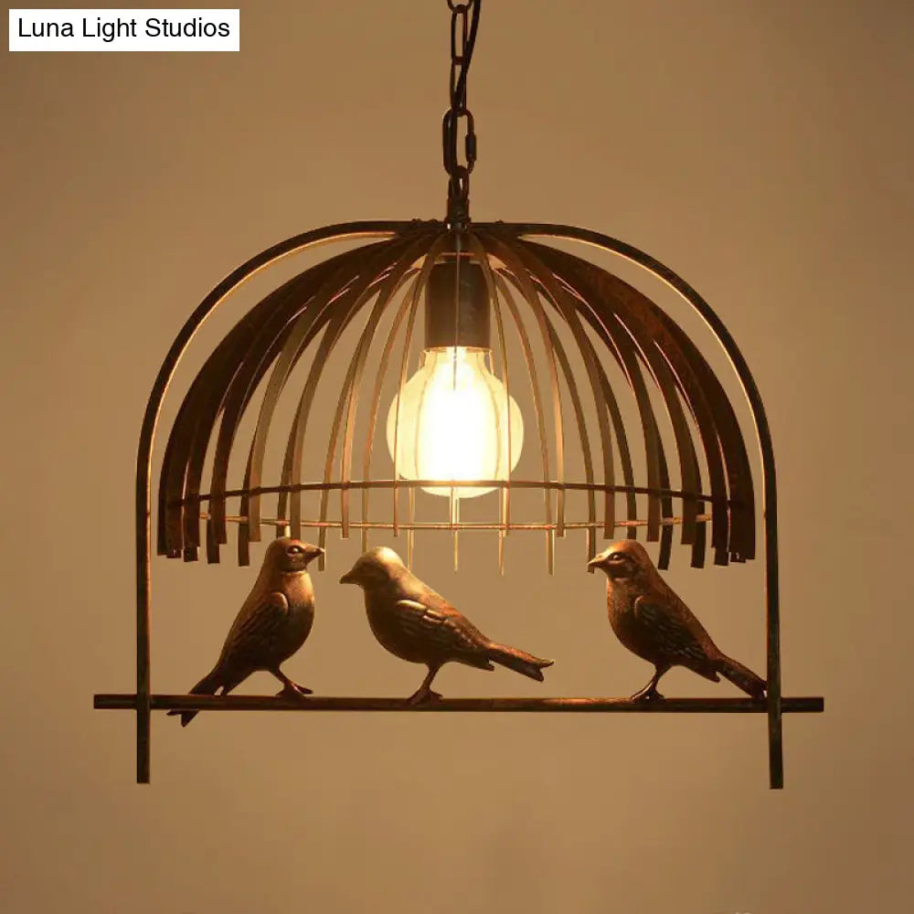 Bird-Decorated Cage Style Ceiling Light: Single Head Countryside Hanging Lamp Kit In Bronze