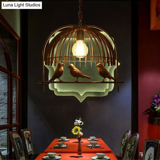 Bird-Decorated Cage Style Ceiling Light: Single Head Countryside Hanging Lamp Kit In Bronze