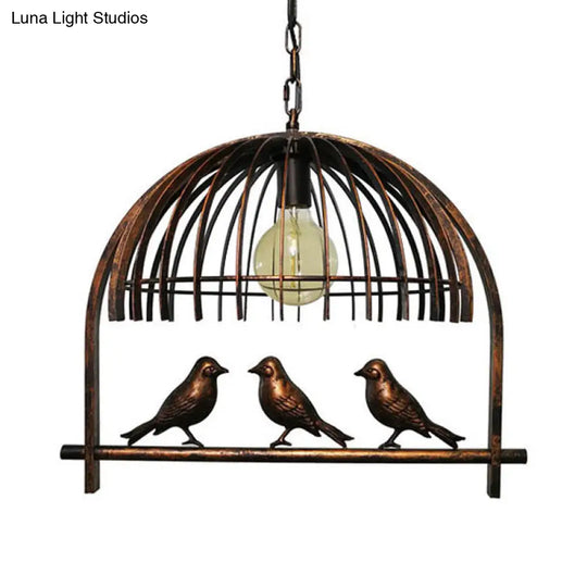 Bird-Decorated Cage Style Ceiling Light: Single Head Countryside Hanging Lamp Kit In Bronze