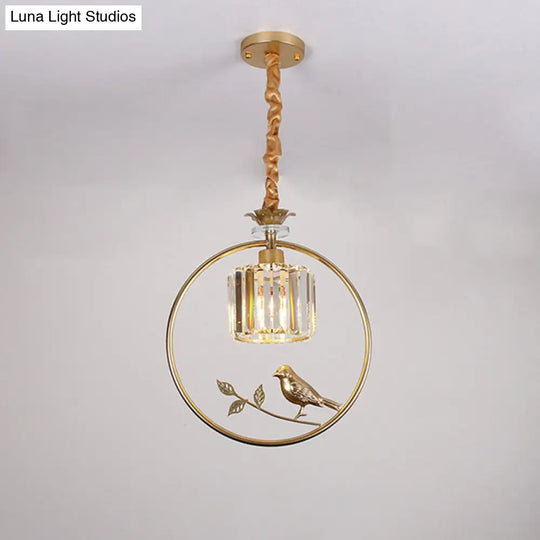 Bird-Enhanced Cylinder Crystal Pendant Light: Farmhouse Dining Room Lamp With Decorative Ring - 1