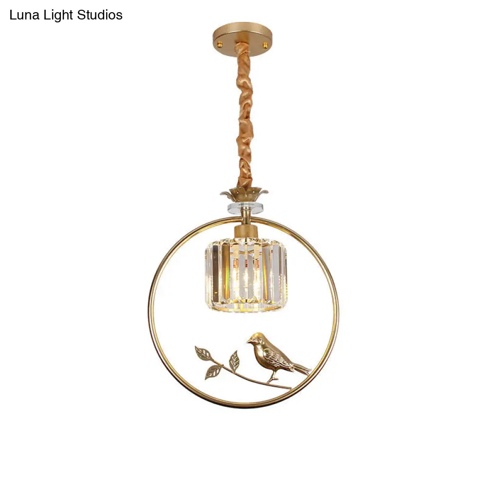 Bird-Enhanced Cylinder Crystal Pendant Light: Farmhouse Dining Room Lamp With Decorative Ring - 1