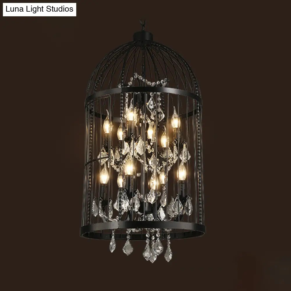 Birdcage Chandelier Metal Pendant Light With Crystal Drapes - Farmhouse Style Lamp