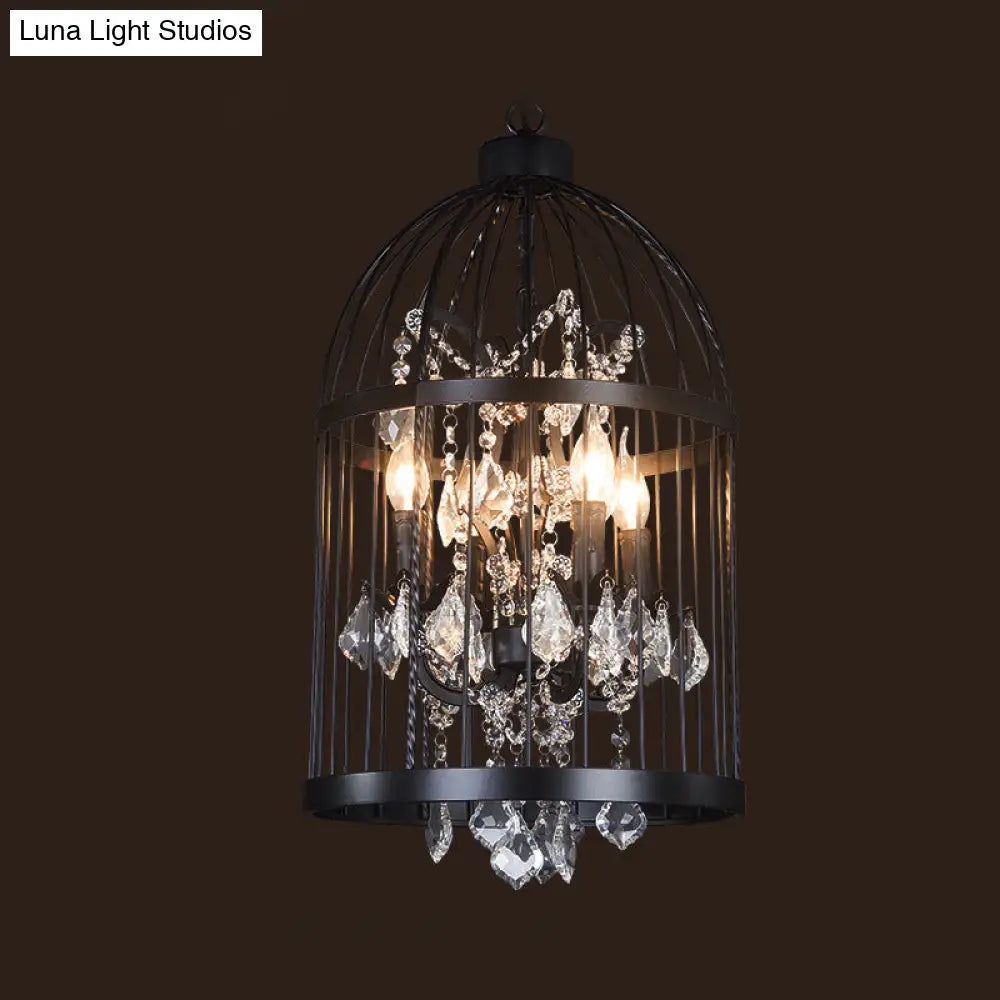 Birdcage Chandelier Metal Pendant Light With Crystal Drapes - Farmhouse Style Lamp