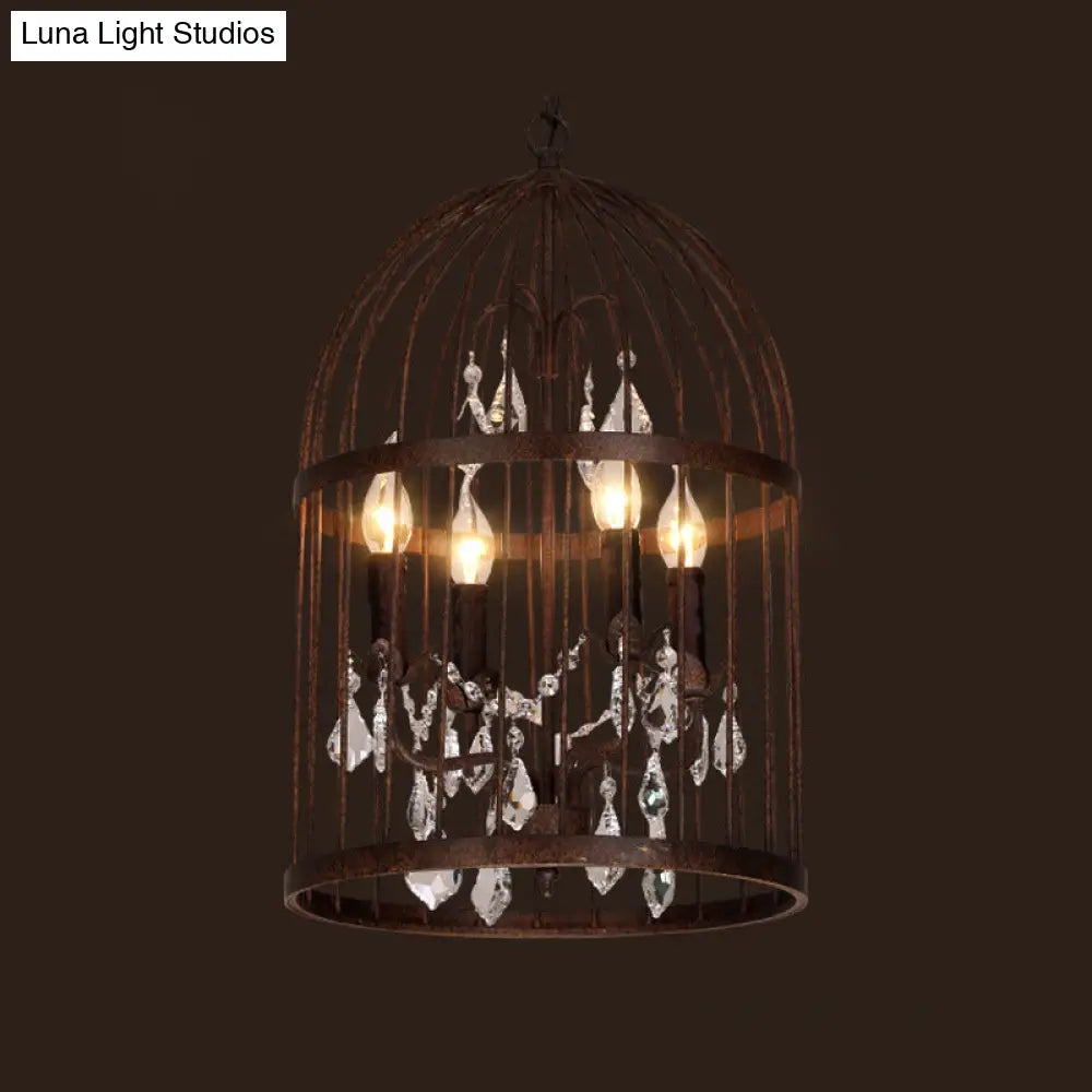 Birdcage Chandelier Metal Pendant Light With Crystal Drapes - Farmhouse Style Lamp