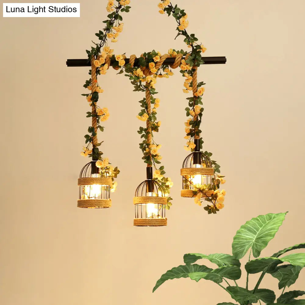 Birdcage Industrial Hemp Rope Suspension Lamp - 3/5-Light Black Ceiling Lighting For Restaurant