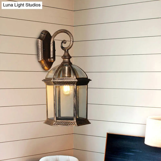 Birdcage Outdoor Wall Sconce: Rustic Clear/Frosted Glass Black/Bronze Finish