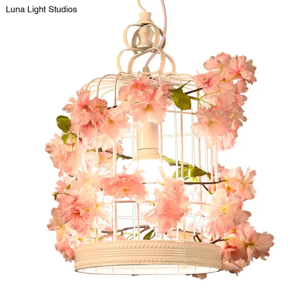 Birdcage Pendant Light Fixture With White Flower Design For Restaurant Or Warehouse Decor