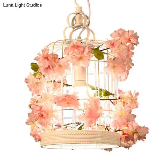 Birdcage Pendant Light Fixture With White Flower Design For Restaurant Or Warehouse Decor