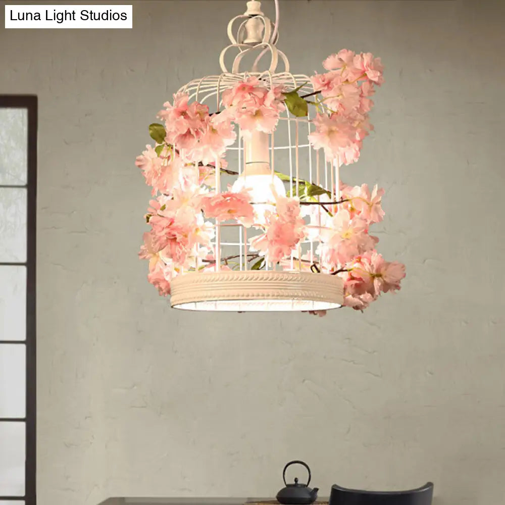 White Flower Birdcage Pendant Light With Iron Frame And 1 Bulb For Restaurant Warehouse Decor