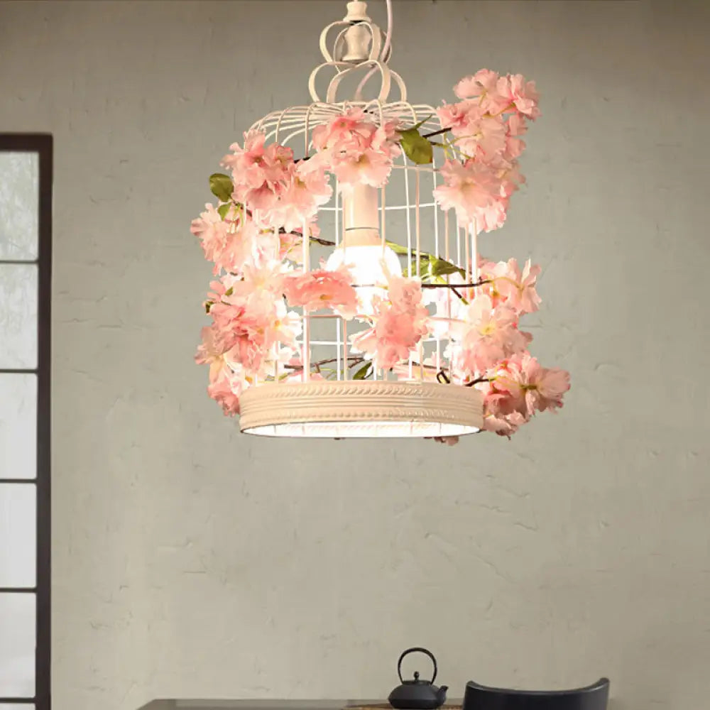 Birdcage Pendant Light Fixture With White Flower Design For Restaurant Or Warehouse Decor