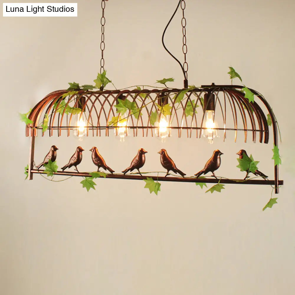 Birdcage Pendant Light - Rustic Wrought Iron Island Lamp With Vine And Bird Deco For Dining Room