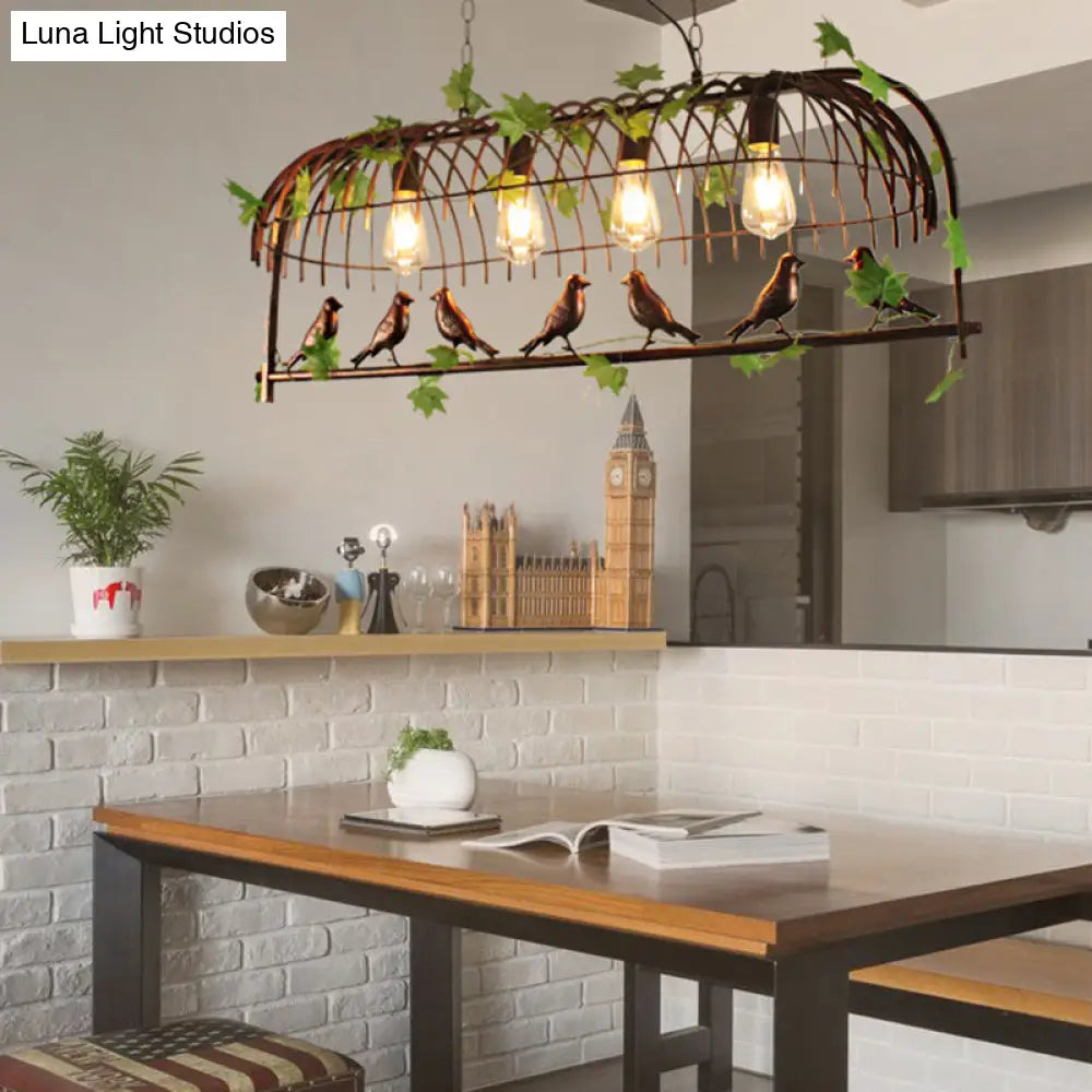 Birdcage Pendant Light - Rustic Wrought Iron Island Lamp With Vine And Bird Deco For Dining Room