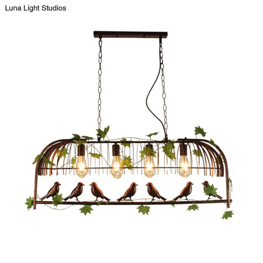 Birdcage Pendant Light - Rustic Wrought Iron Island Lamp With Vine And Bird Deco For Dining Room