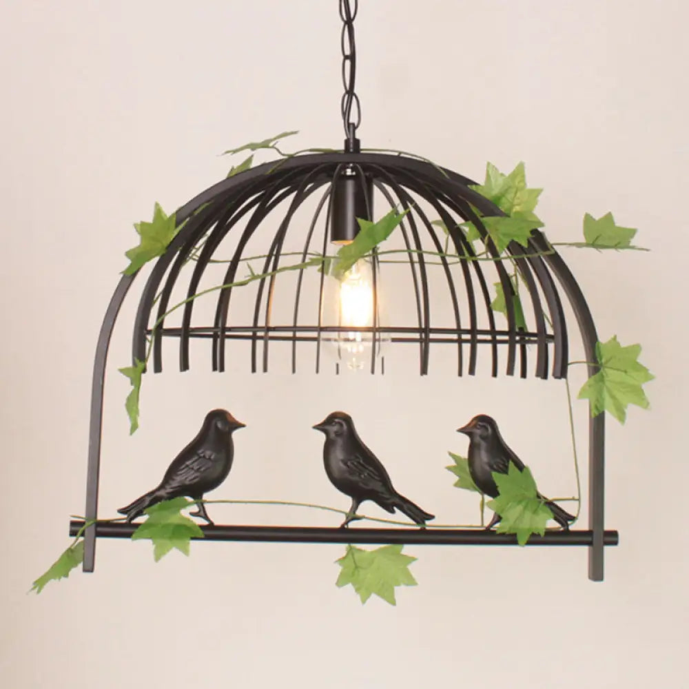 Birdcage Pendant Light - Rustic Wrought Iron Island Lamp With Vine And Bird Deco For Dining Room