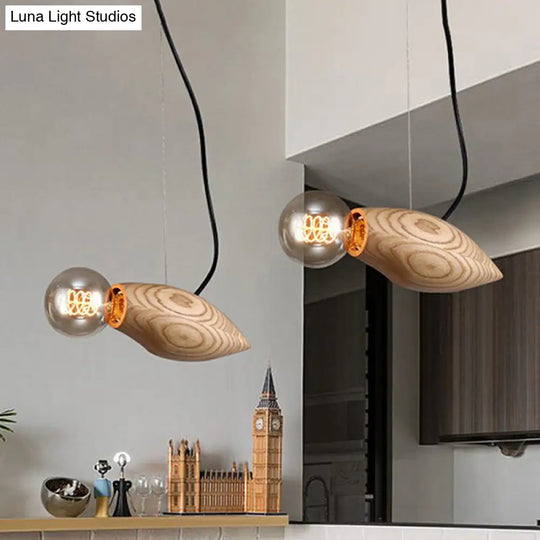 Nordic Wood Pendant Light With Beige Birdie Design And Open Bulb
