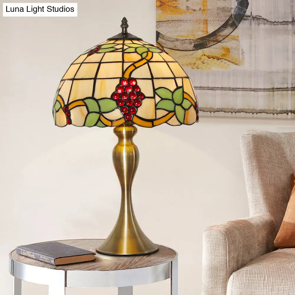 Victorian Stained Art Glass Dome Table Lamp - Elegant Gold Night Light With Grape Pattern 1-Light