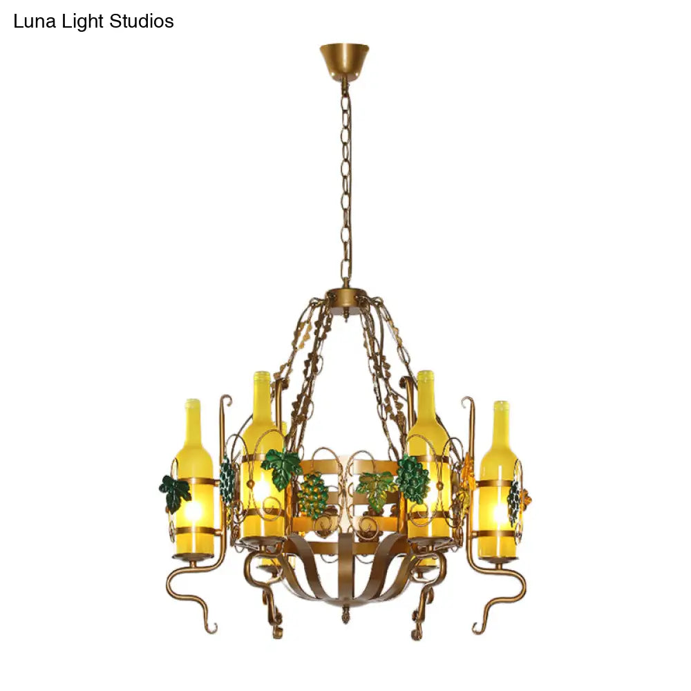 Yellow Glass 6-Light Wine Bottle Chandelier - Industrial Brass Pendant Lighting Fixture