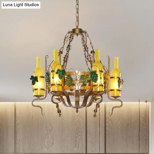 Yellow Glass 6-Light Wine Bottle Chandelier - Industrial Brass Pendant Lighting Fixture