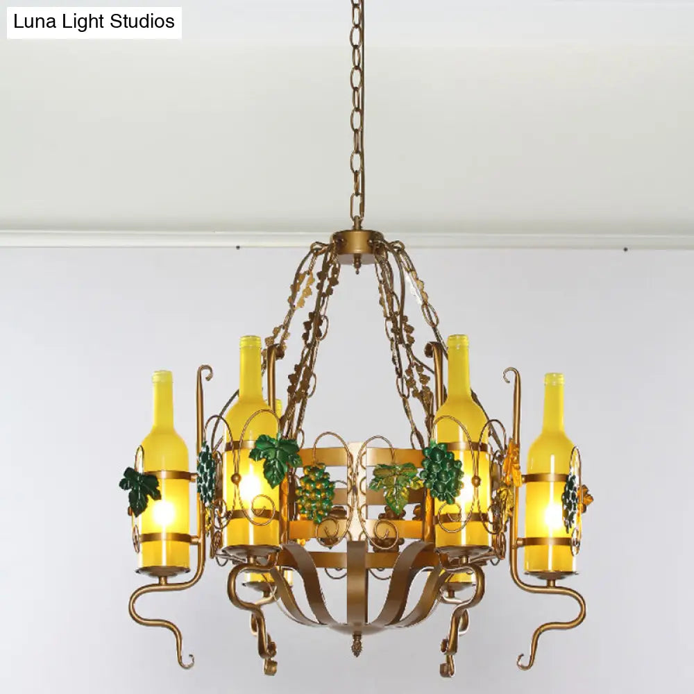 Yellow Glass 6-Light Wine Bottle Chandelier - Industrial Brass Pendant Lighting Fixture