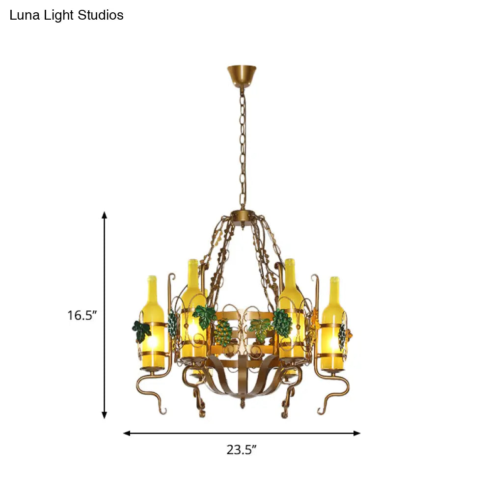 Bistro Chandelier Light - Industrial Yellow Glass 6-Light Antiqued Brass Pendant