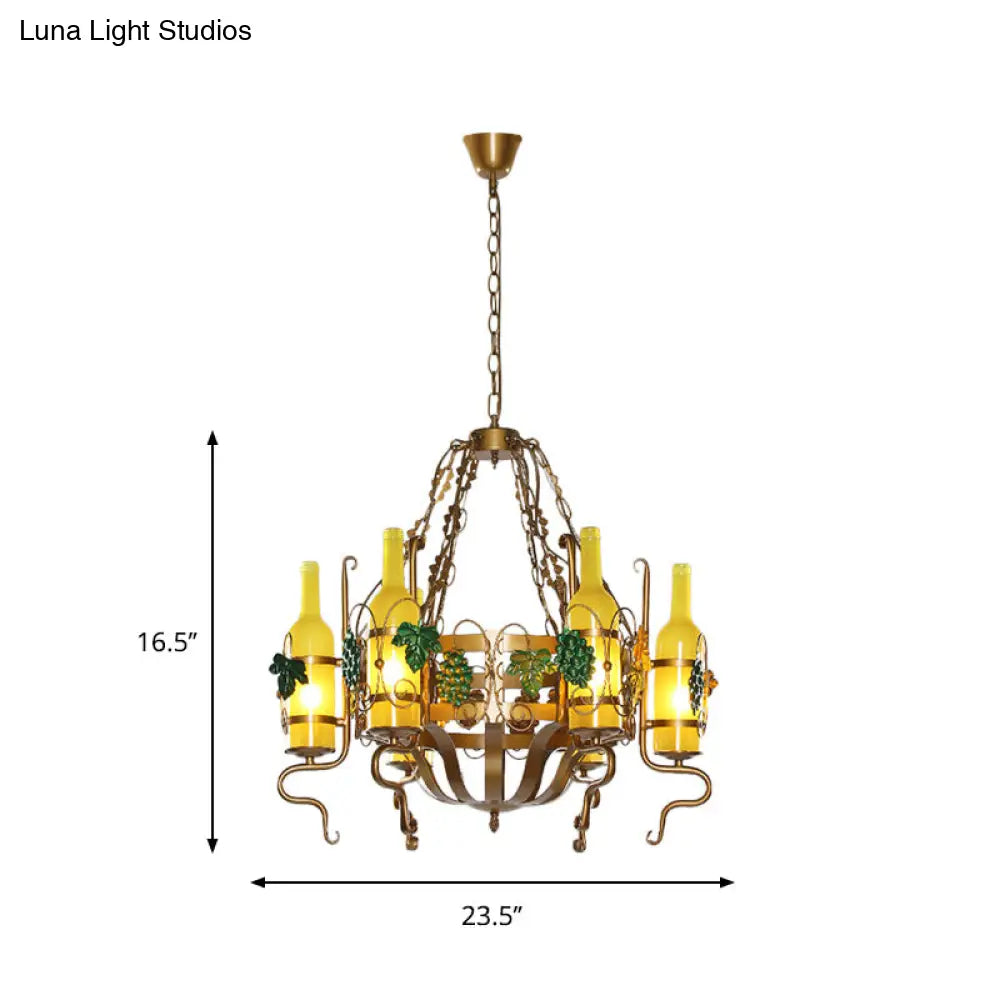 Yellow Glass 6-Light Wine Bottle Chandelier - Industrial Brass Pendant Lighting Fixture