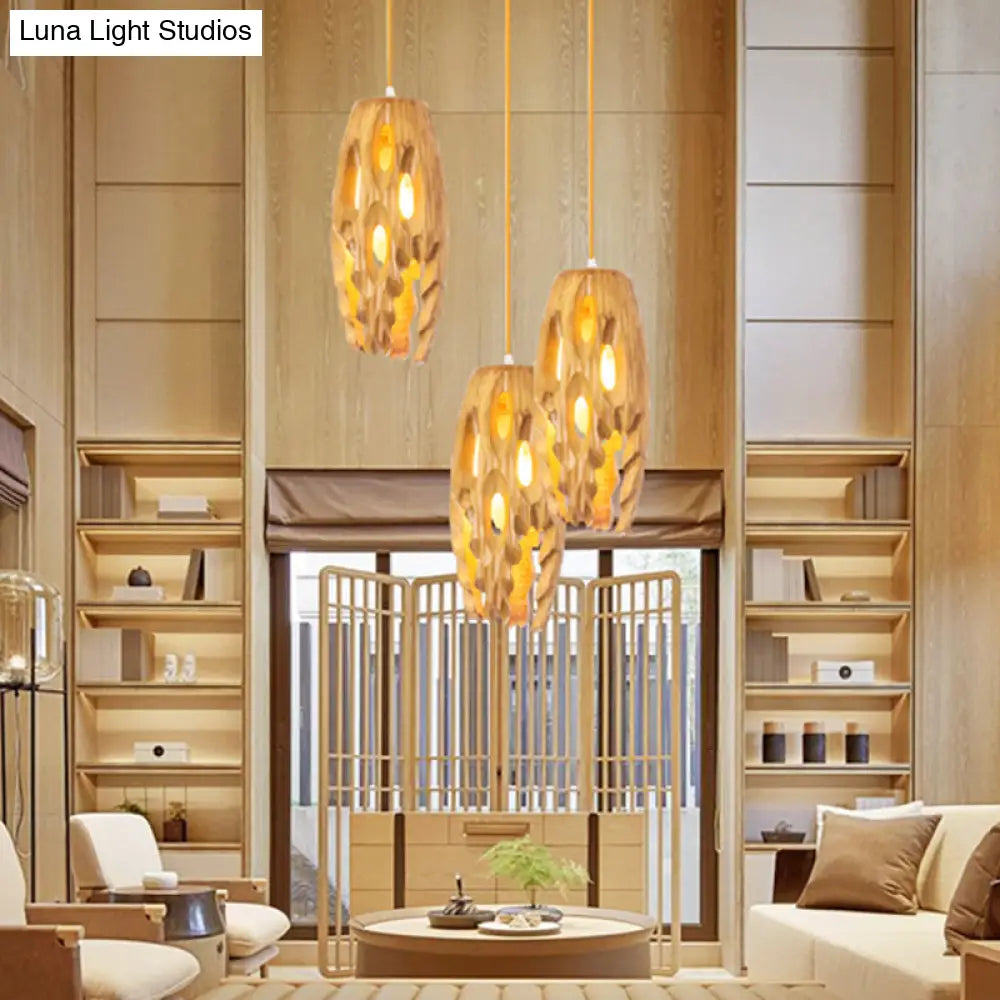 Bistro Lodge Pendant Ceiling Light - Cylindrical Cutouts Wood Finish