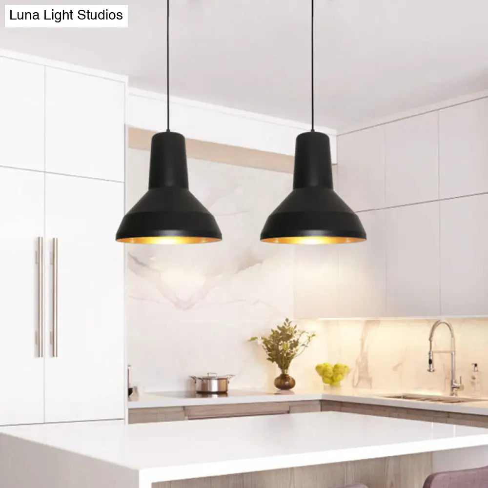Black Finish Industrial Metal Funnel Shade Hanging Ceiling Light Over Dining Table - 1-Bulb Down