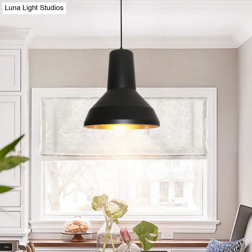 Black Finish Industrial Metal Funnel Shade Hanging Ceiling Light Over Dining Table - 1-Bulb Down