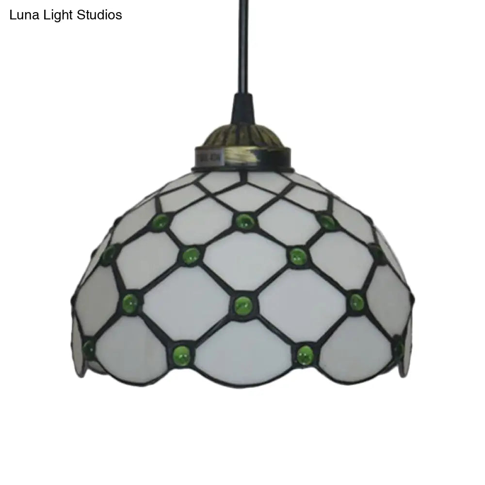 Baroque Beige/Blue/Green Glass Domed Shade Hanging Pendant Lamp For Dining Room - Black 1 Light