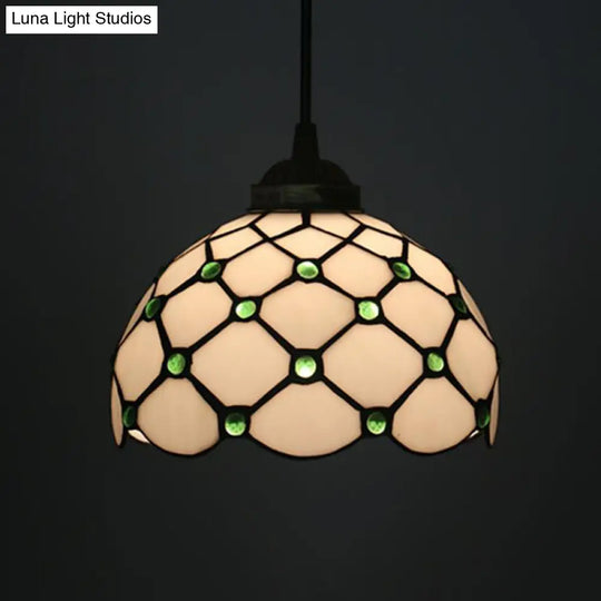 Baroque Beige/Blue/Green Glass Domed Shade Hanging Pendant Lamp For Dining Room - Black 1 Light