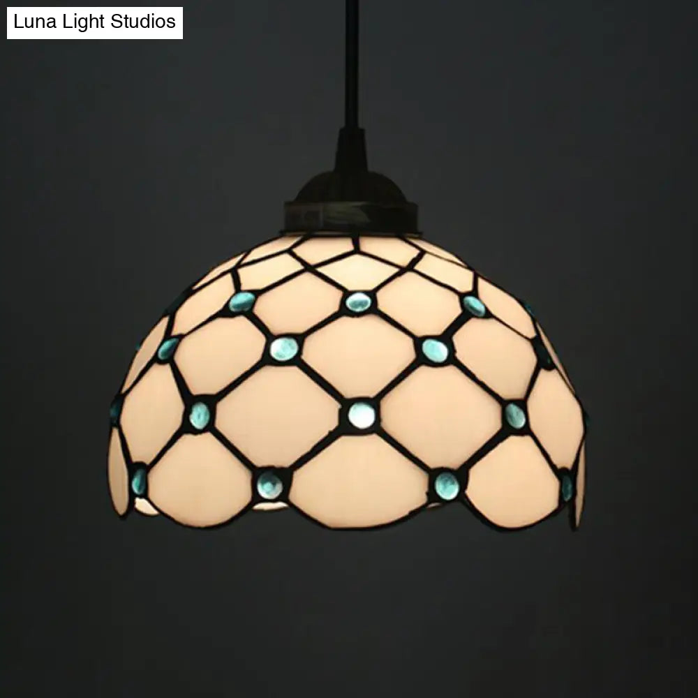 Baroque Beige/Blue/Green Glass Domed Shade Hanging Pendant Lamp For Dining Room - Black 1 Light