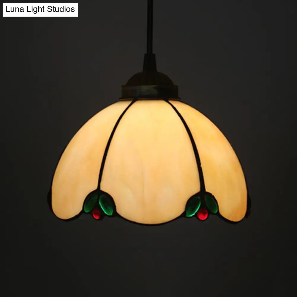 Baroque Beige/Blue/Green Glass Domed Shade Hanging Pendant Lamp For Dining Room - Black 1 Light