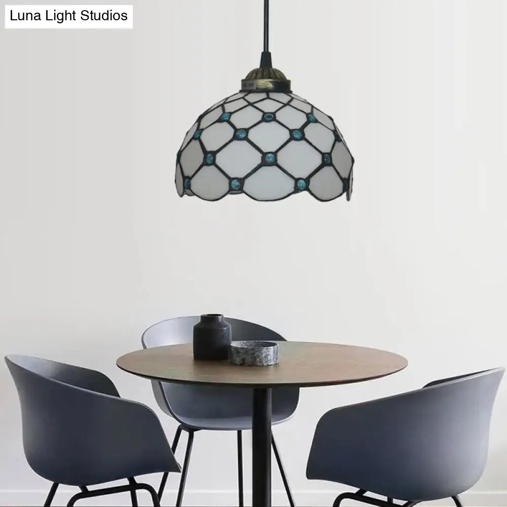 Baroque Beige/Blue/Green Glass Domed Shade Hanging Pendant Lamp For Dining Room - Black 1 Light Blue