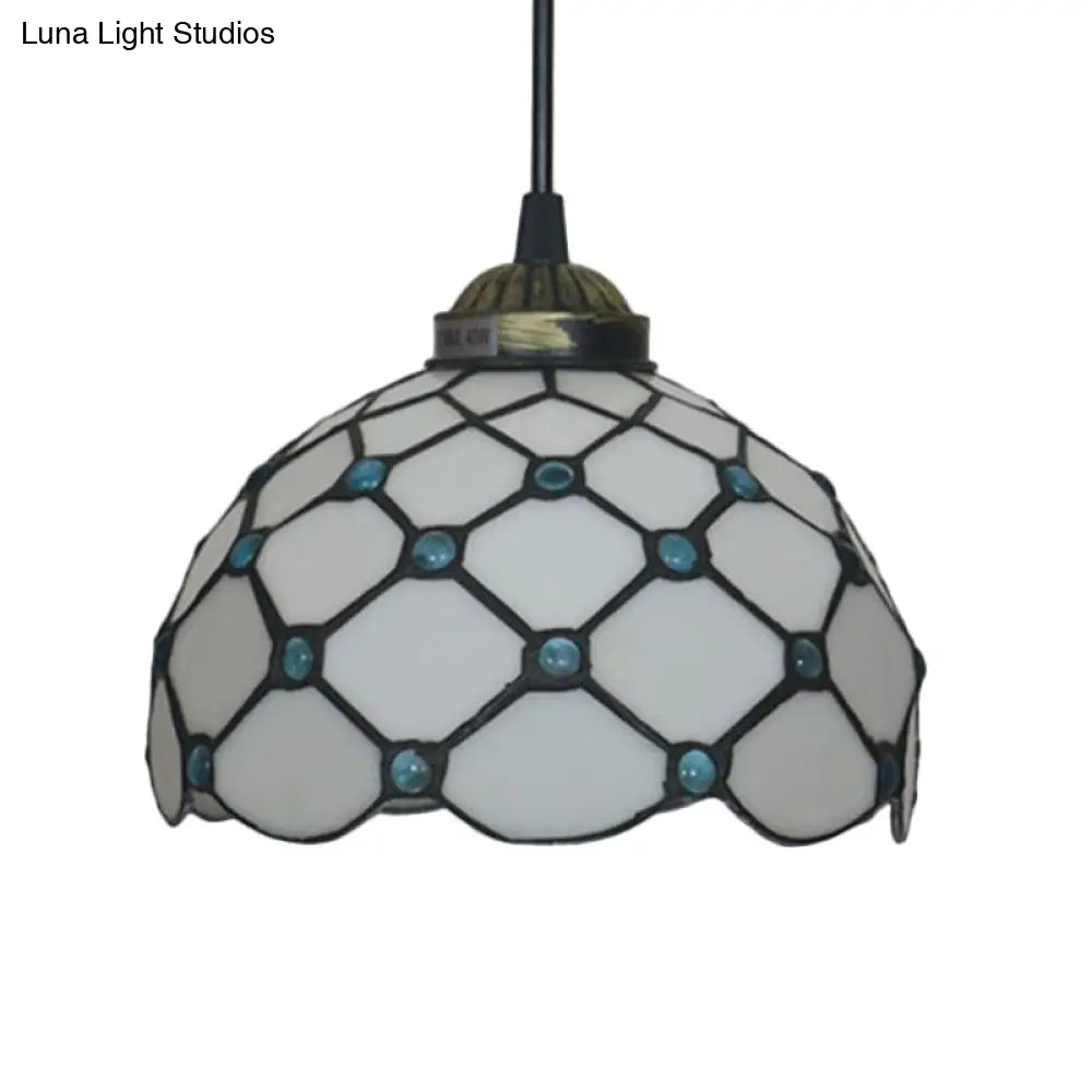 Baroque Beige/Blue/Green Glass Domed Shade Hanging Pendant Lamp For Dining Room - Black 1 Light