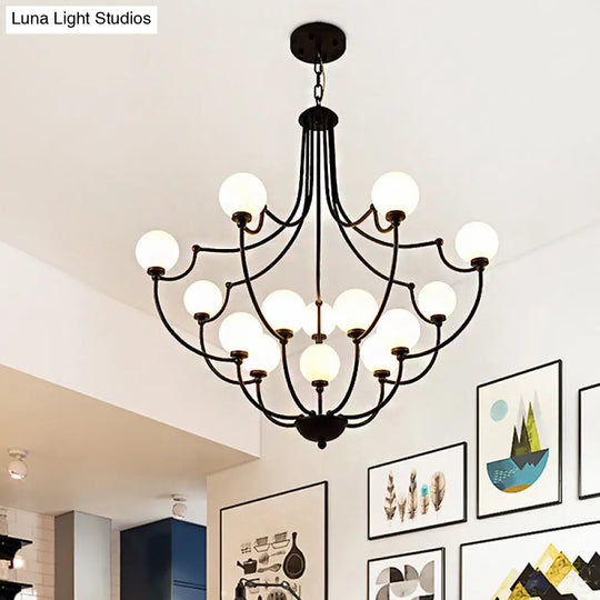 Black 14-Light Chandelier With Frosted Glass Traditional Molecular Pendant Lamp For Living Room