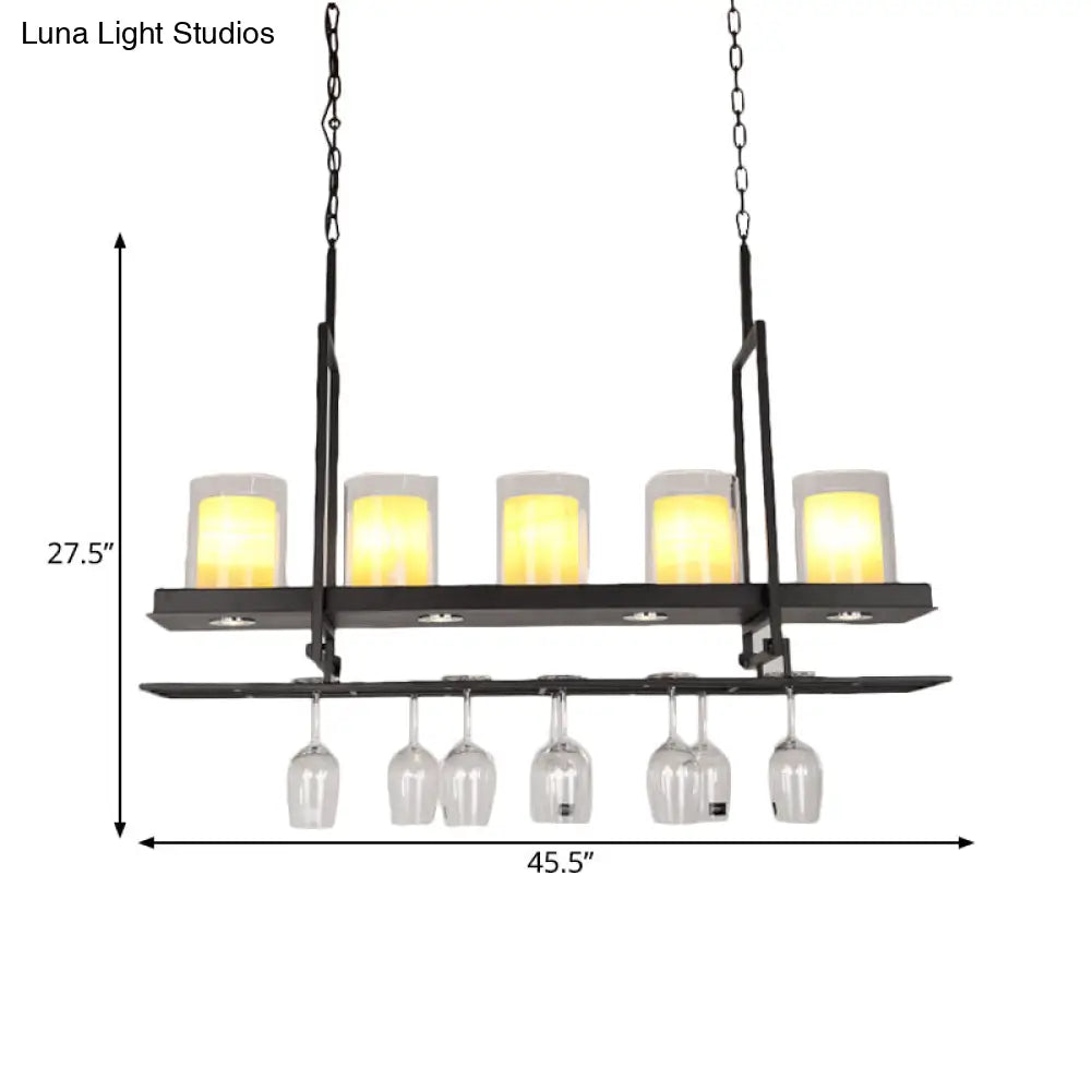 Black 3/5-Light Island Light Fixture With Clear Glass Cylindrical Pendant For Dining Room -