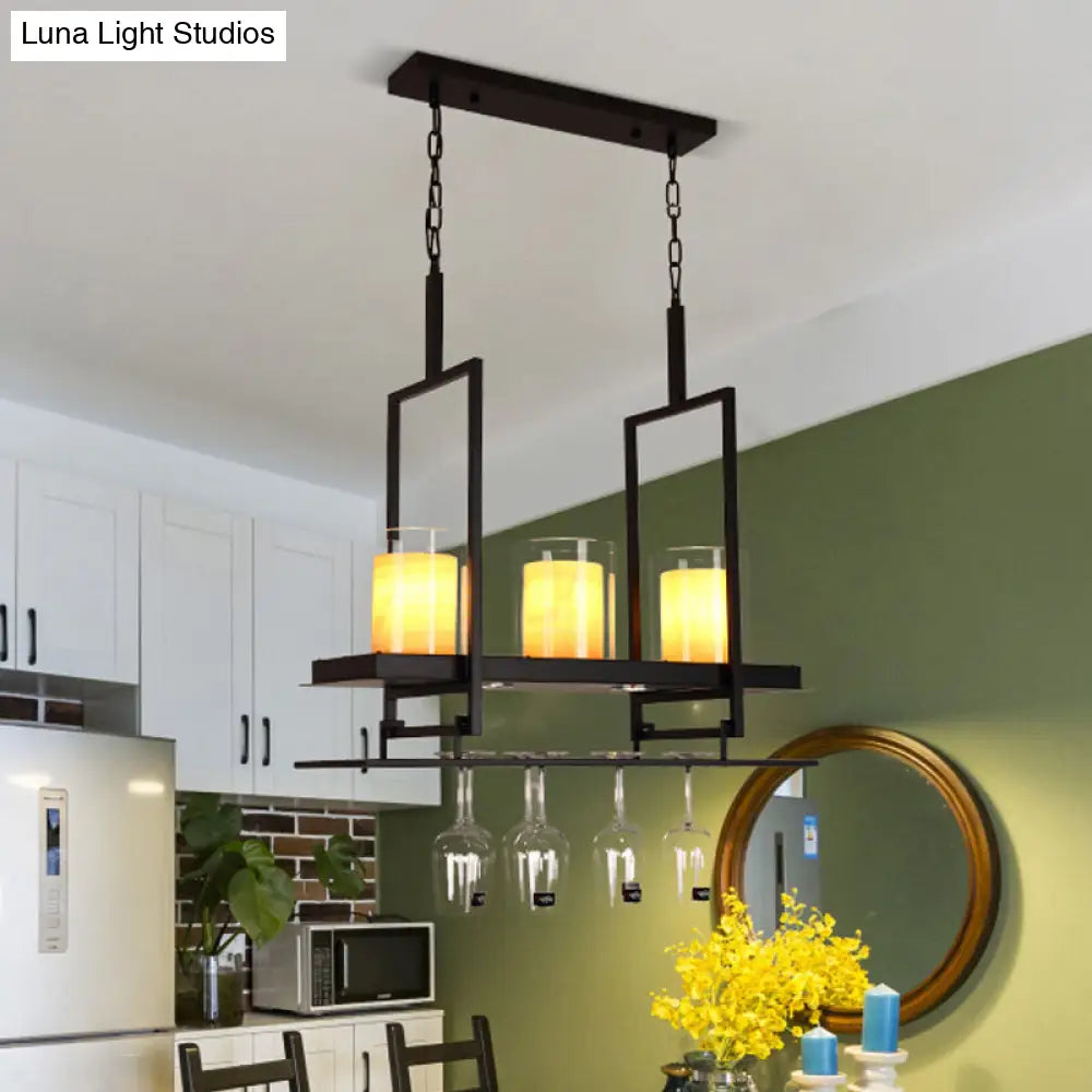 Traditional Black Island Light Fixture With Clear Glass Cylindrical Pendant Lighting For Dining Room