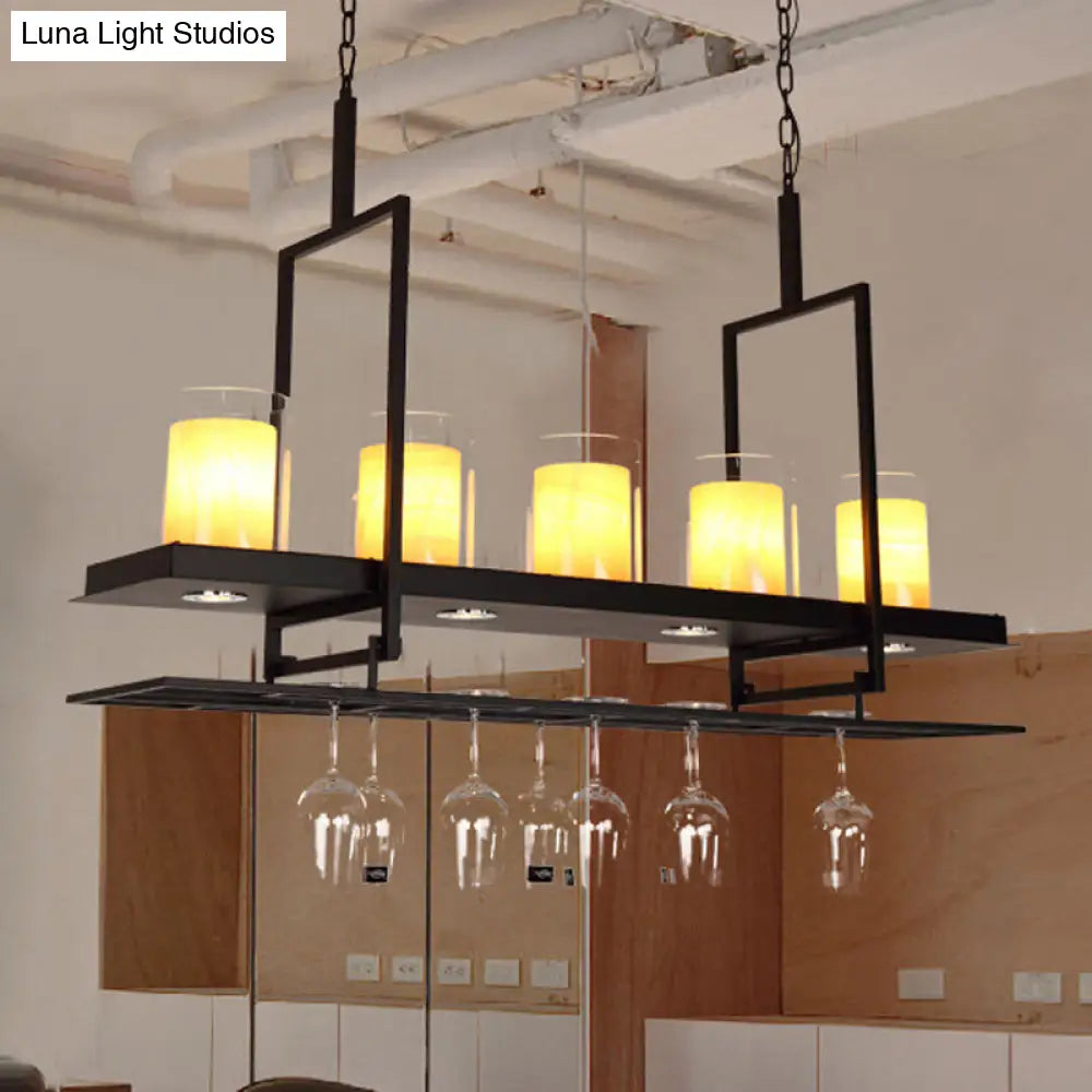 Traditional Black Island Light Fixture With Clear Glass Cylindrical Pendant Lighting For Dining Room