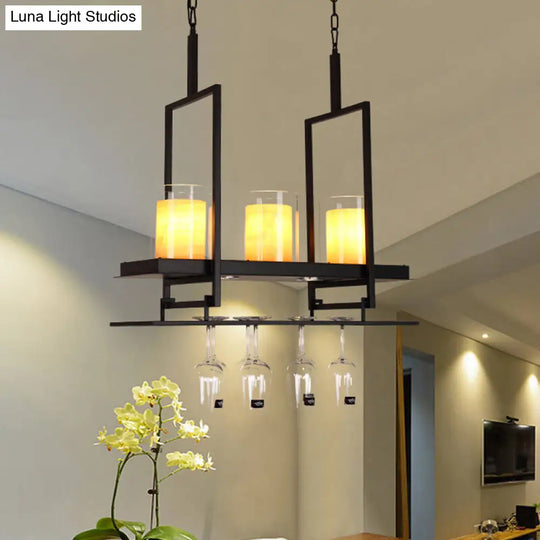 Traditional Black Island Light Fixture With Clear Glass Cylindrical Pendant Lighting For Dining Room