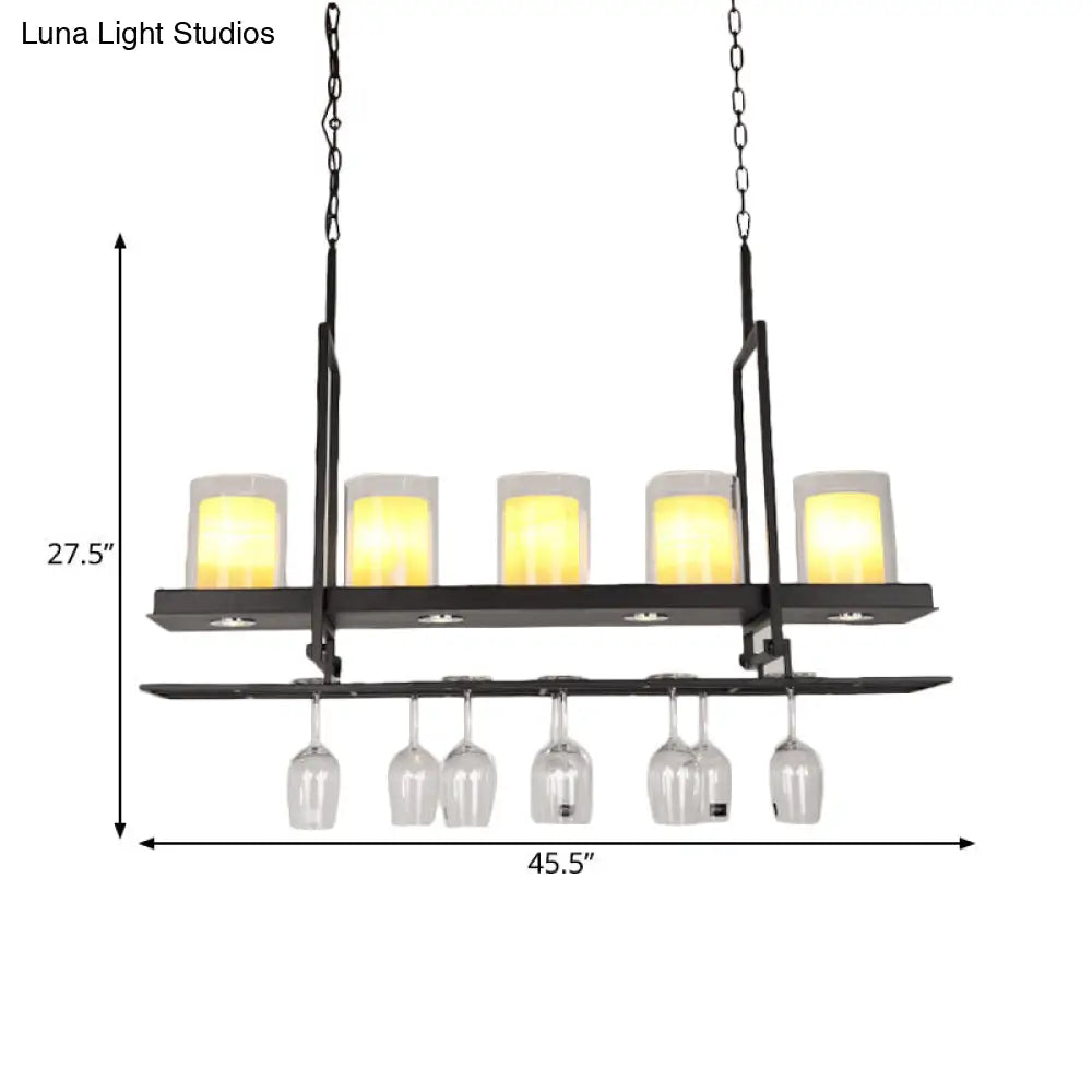 Traditional Black Island Light Fixture With Clear Glass Cylindrical Pendant Lighting For Dining Room