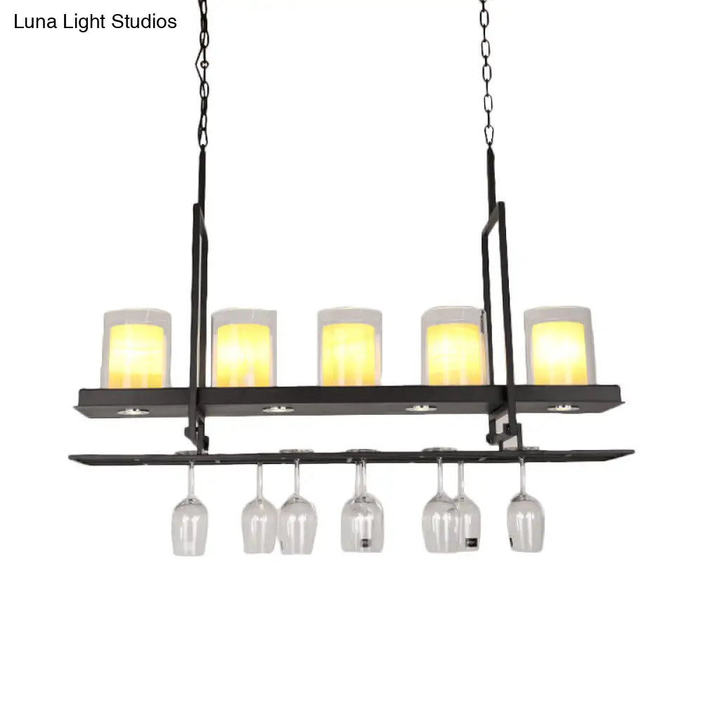 Traditional Black Island Light Fixture With Clear Glass Cylindrical Pendant Lighting For Dining Room