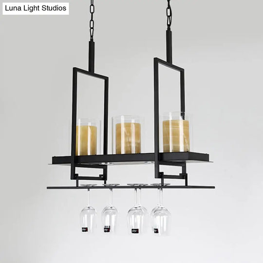 Traditional Black Island Light Fixture With Clear Glass Cylindrical Pendant Lighting For Dining Room