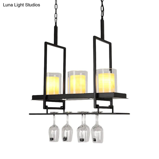 Traditional Black Island Light Fixture With Clear Glass Cylindrical Pendant Lighting For Dining Room