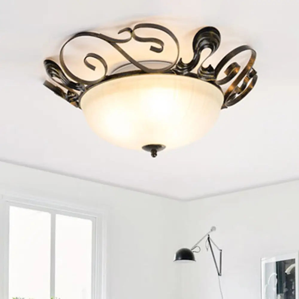 Black 3-Light Classic Ceiling Fixture With White Glass Bowl - Ideal For Living Room Flush Lighting