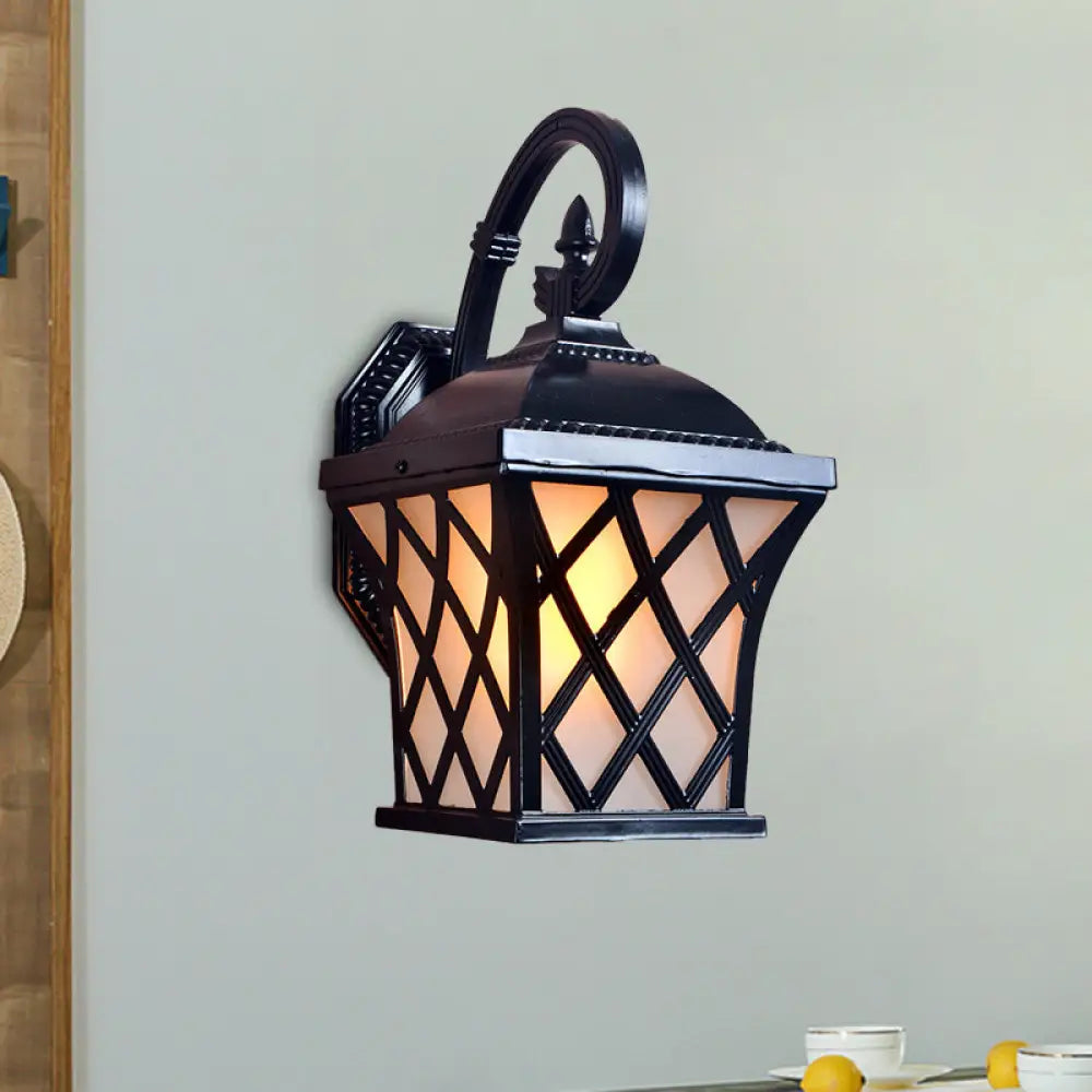 Black Aluminum Grid Wall Lamp For Courtyard: 1-Head Lodges With Elegant Lighting