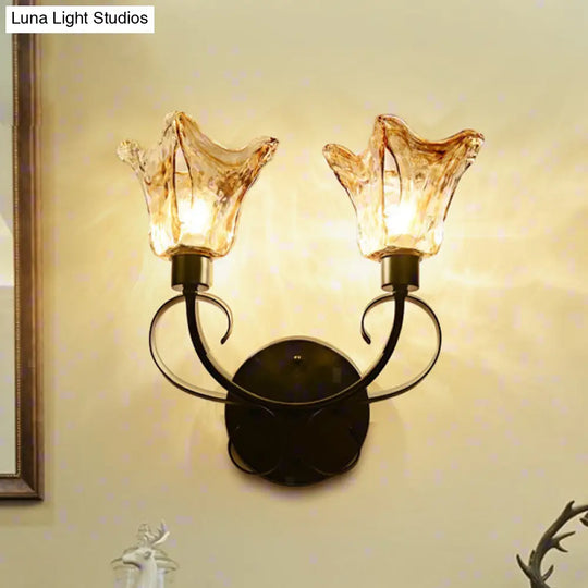 Black Amber Glass Sconce Light: Floral 2 Bulbs Traditional Wall Lighting With Metal Curved Arm