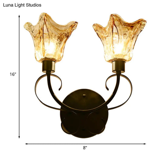 Black Amber Glass Sconce Light: Floral 2 Bulbs Traditional Wall Lighting With Metal Curved Arm